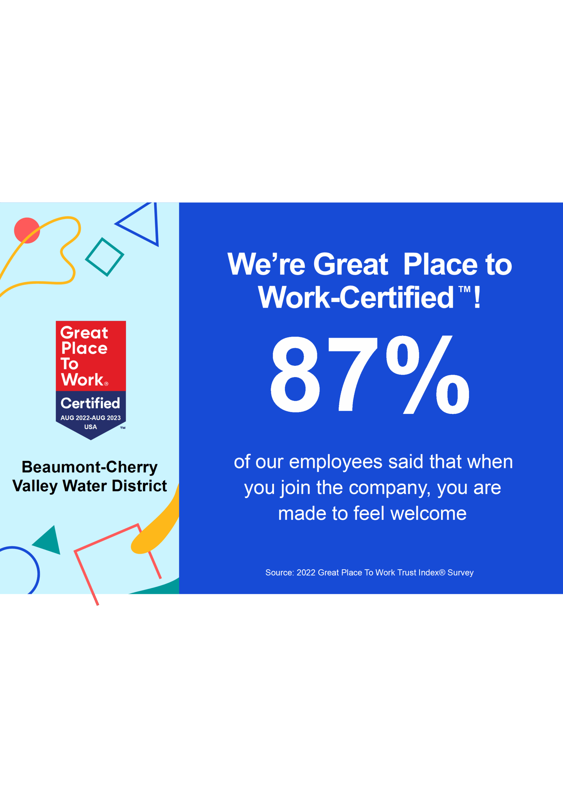87% of BCVWD employees felt welcomed when joining