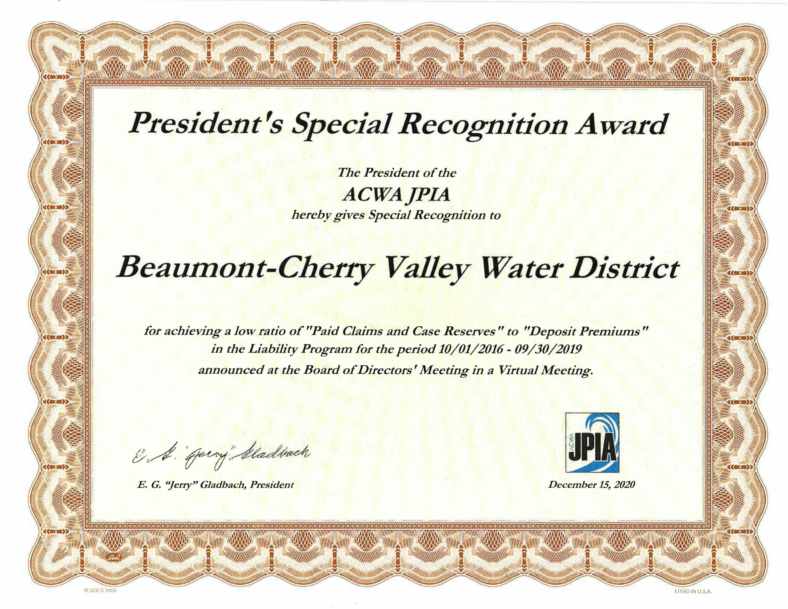 ACWA JPIA President’s Special Recognition Award 2016–2019