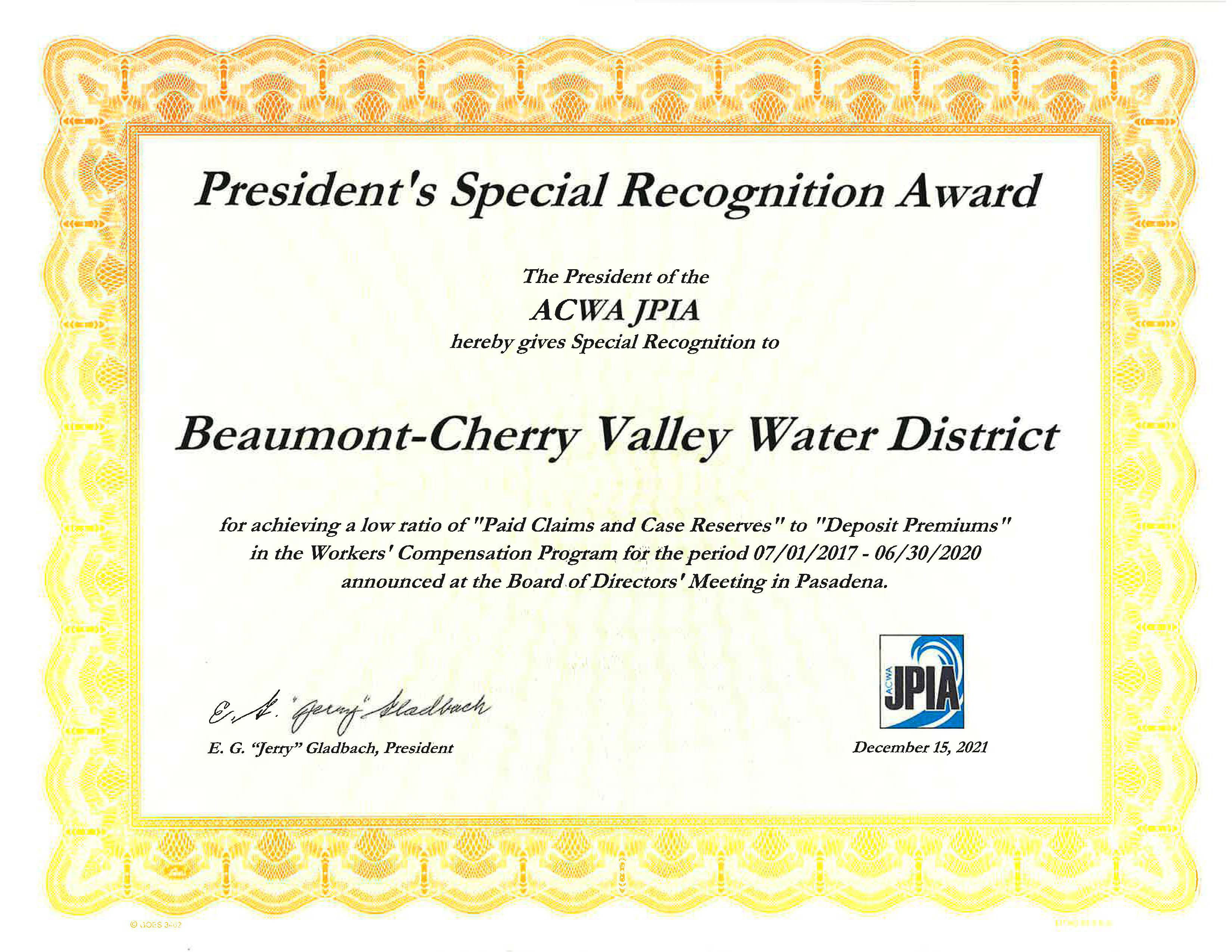ACWA JPIA President’s Special Recognition Award 2017–2020