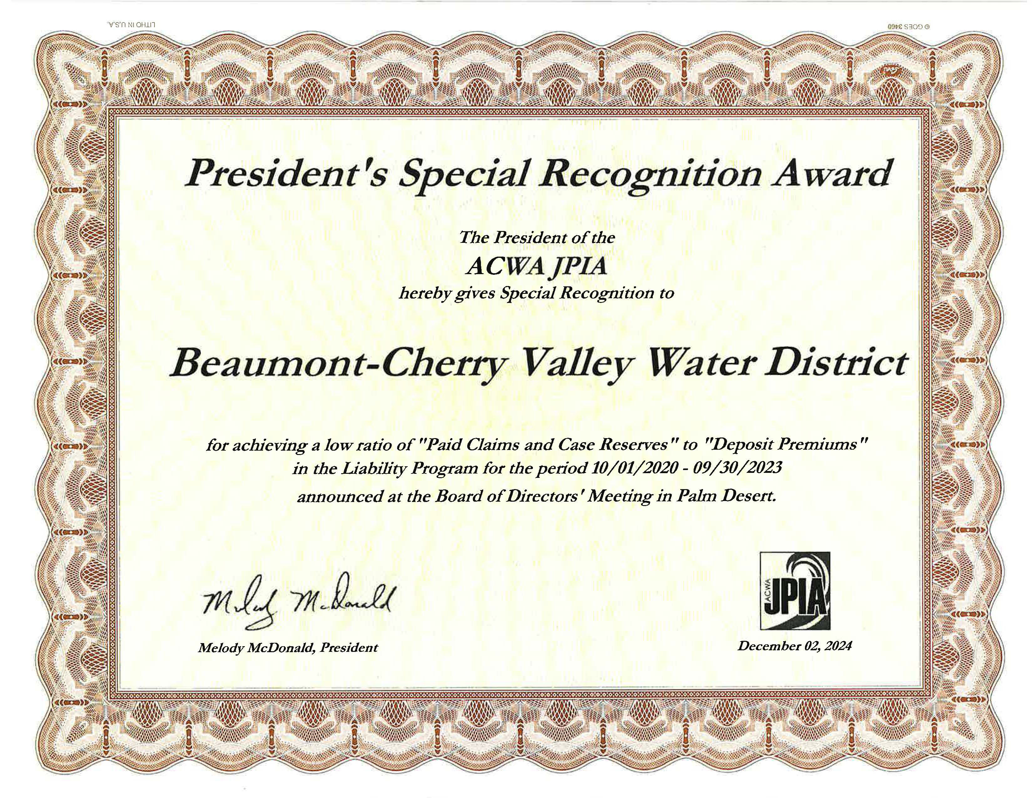 ACWA JPIA President’s Special Recognition Award 2020–2023