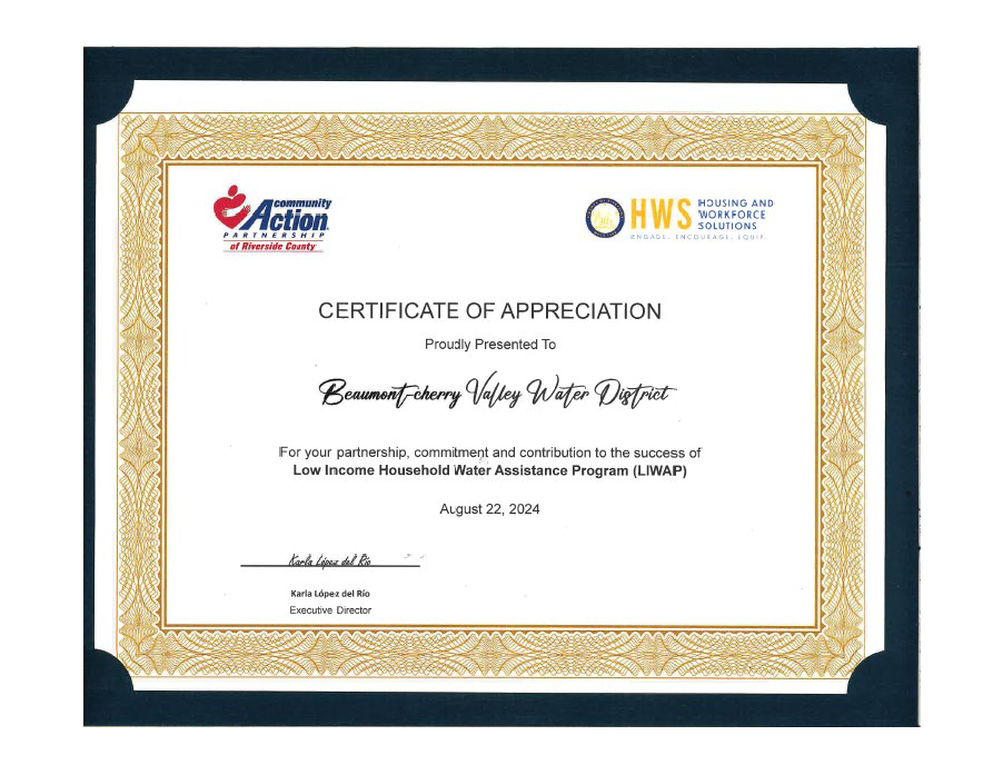 LIHWAP recognition certificate for BCVWD