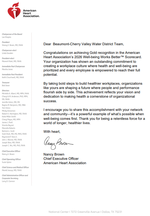 American Heart Association recognition letter for Beaumont-Cherry Valley Water District